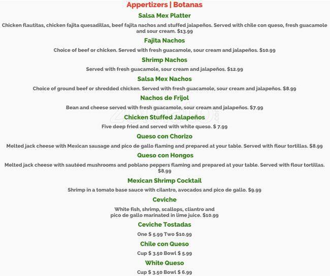 Menu at Salsa TexMex Frisco restaurant, Frisco