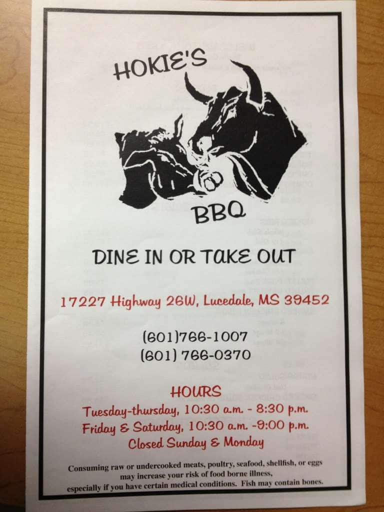 Menu at Hokie's BBQ & Grill, Lucedale