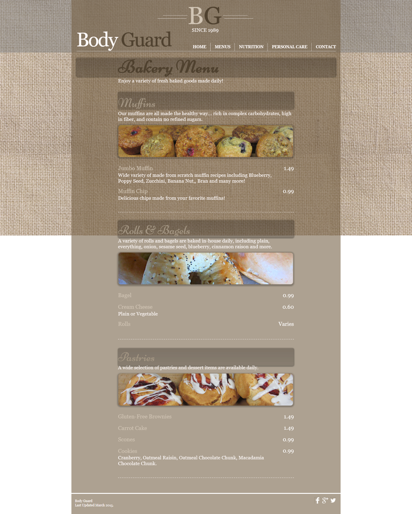 Menu at Body Guard, Yankton