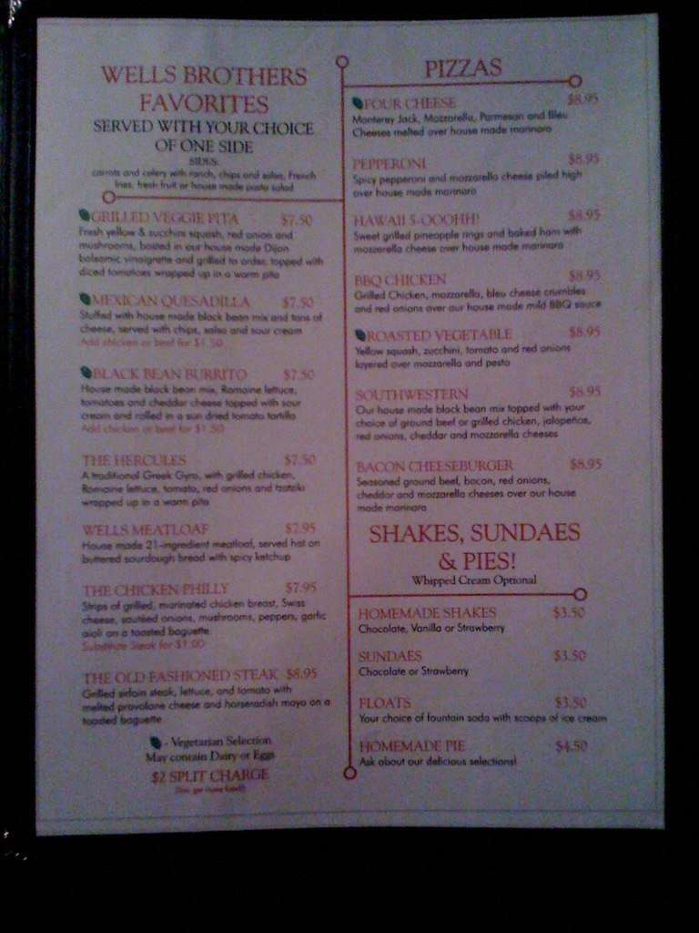 Menu at Wells Brothers Bar and Grill, Tallahassee