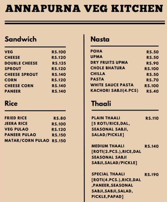 Menu of Annapurna Veg Kitchen, Kestopur, Kolkata
