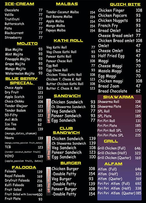 Menu of Blueberry Restaurant, GST Road, Chennai