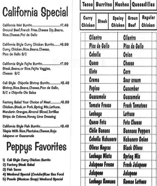 Menu at The Burrito Factory restaurant, Charlotte, South Blvd