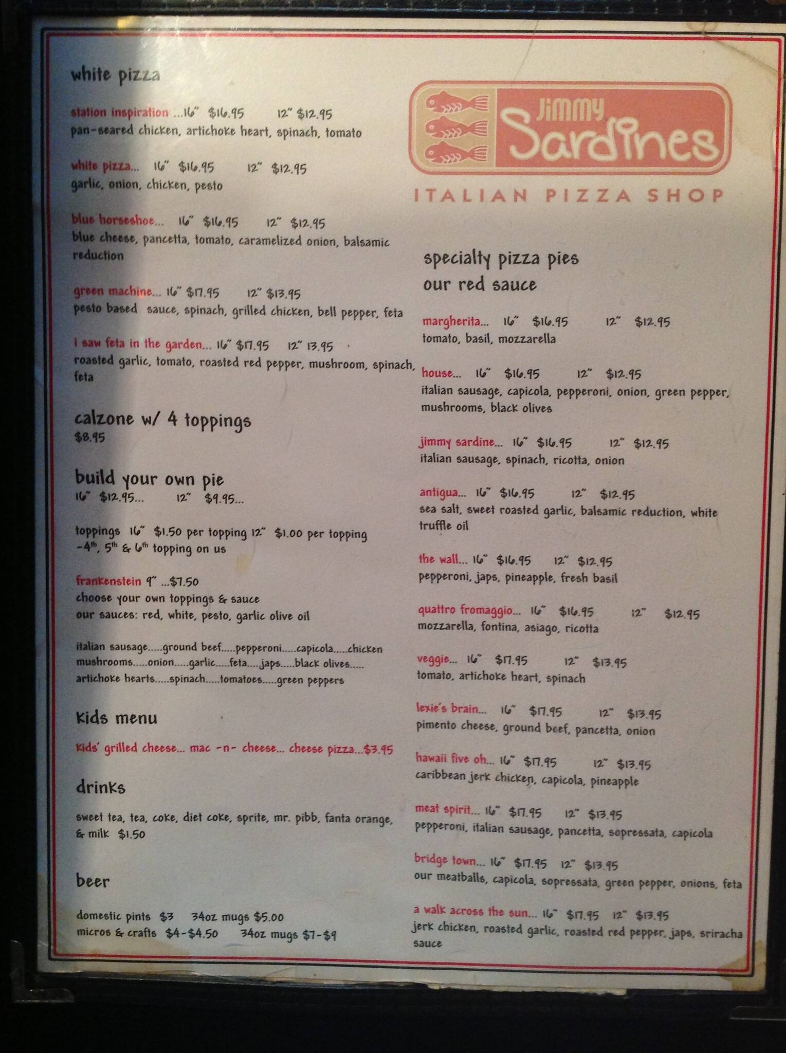 Jimmy Sardines Menu, Menu for Jimmy Sardines, Roanoke, Roanoke