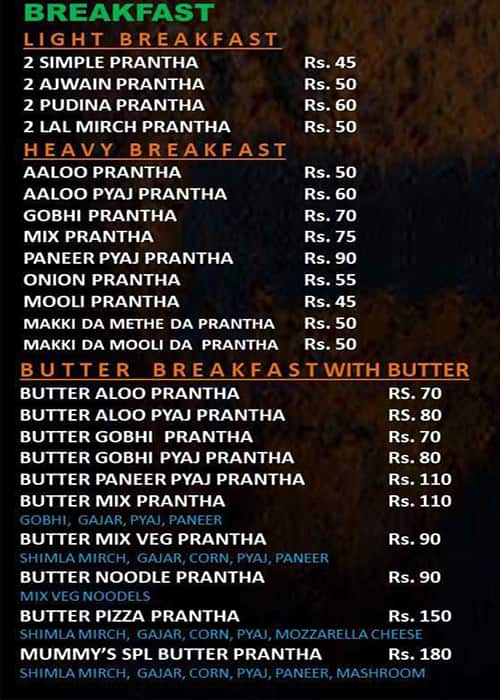 Menu of Mummy's Prantha Hut, Gill Road, Ludhiana