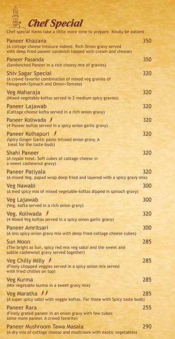 Mira's Veg Restaurant menu