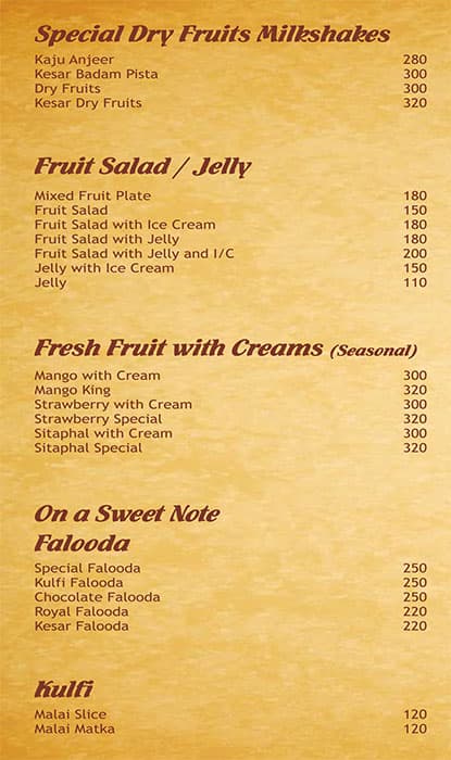 Mira's Veg Restaurant menu