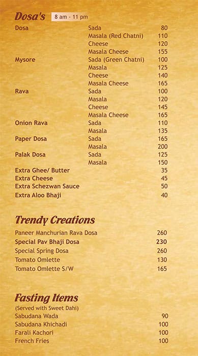 Mira's Veg Restaurant menu