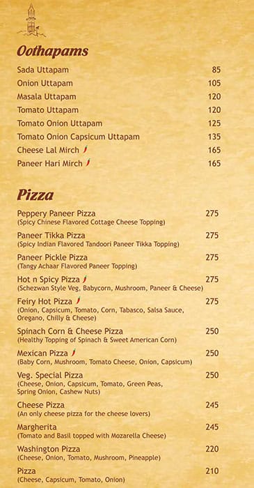 Mira's Veg Restaurant menu