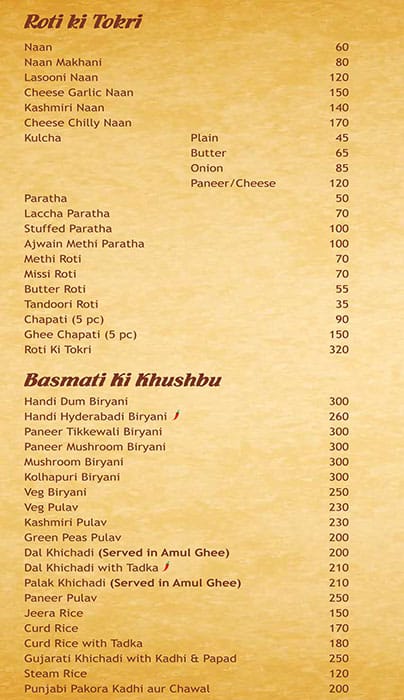 Mira's Veg Restaurant menu