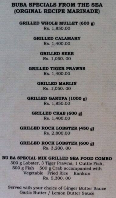 Buba Beach Restaurant Menu Menu For Buba Beach Restaurant Mount Lavinia Colombo Colombo