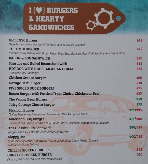 Garage Inc., New Delhi menu