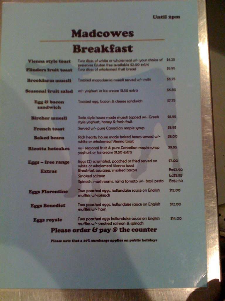 Mad Cowes Cafe menu