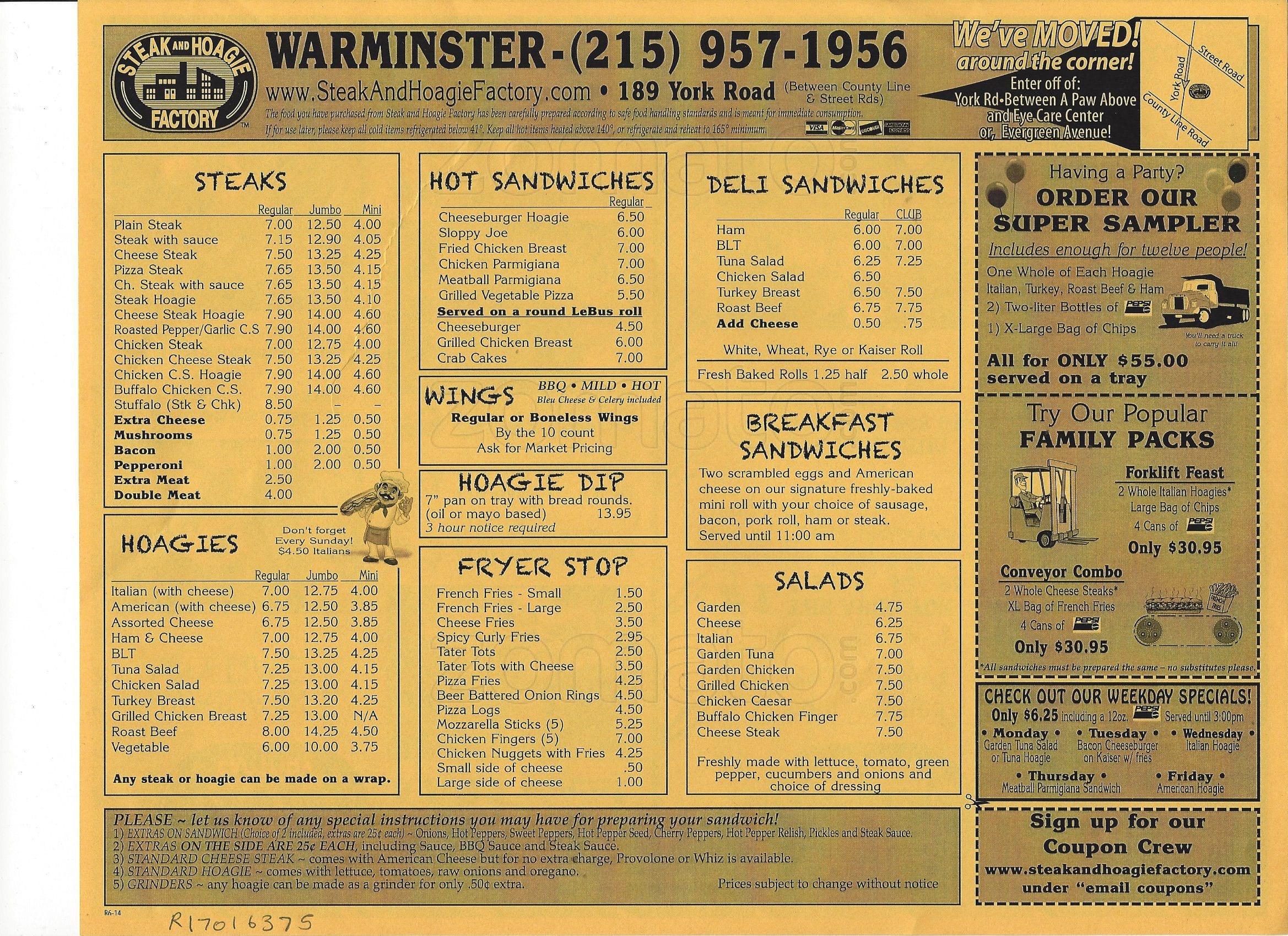 Menu at Steak & Hoagie Factory, Fairless Hills