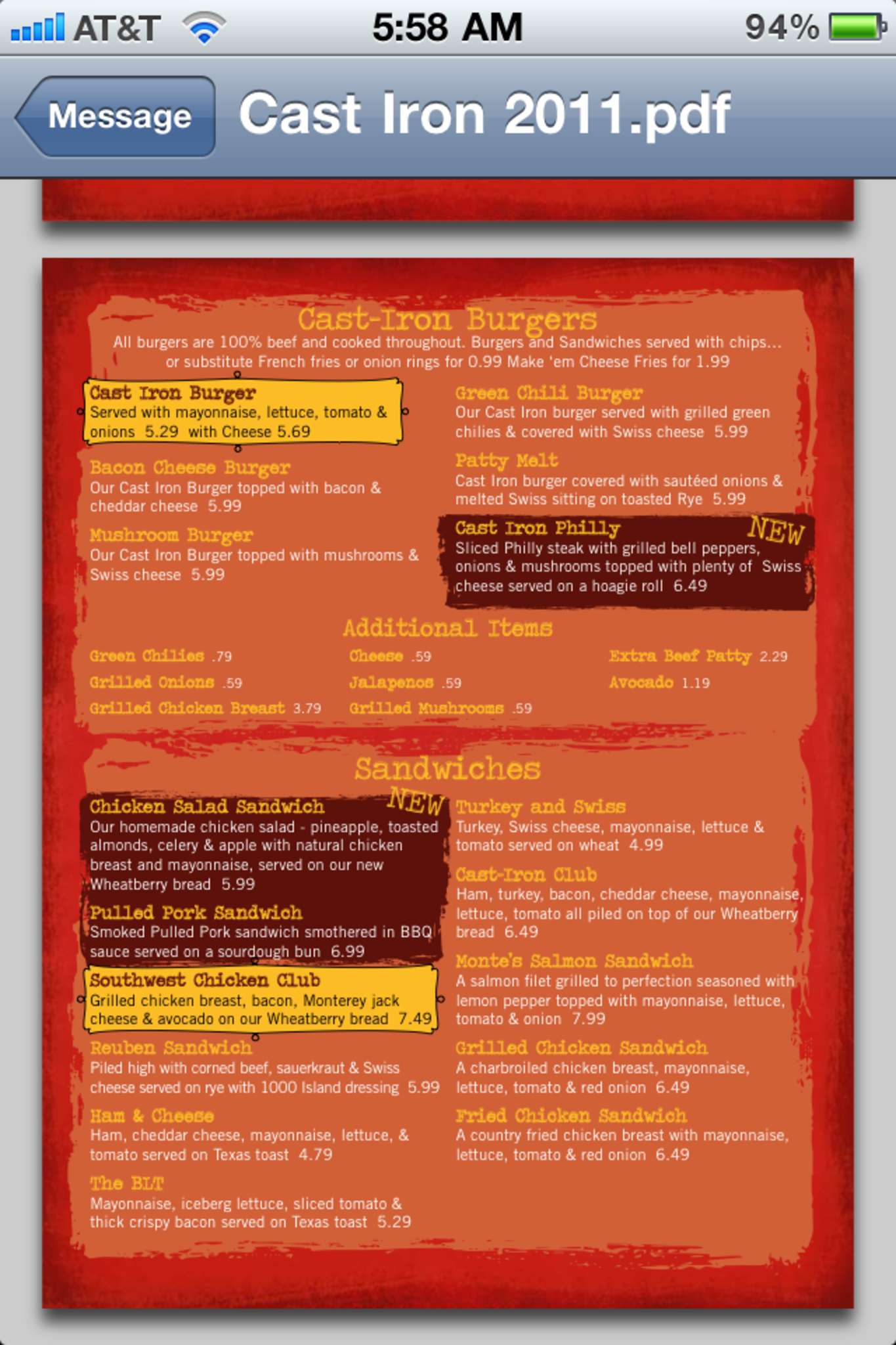 Menu at Cast Iron Grill restaurant, Lubbock, 620 19th St