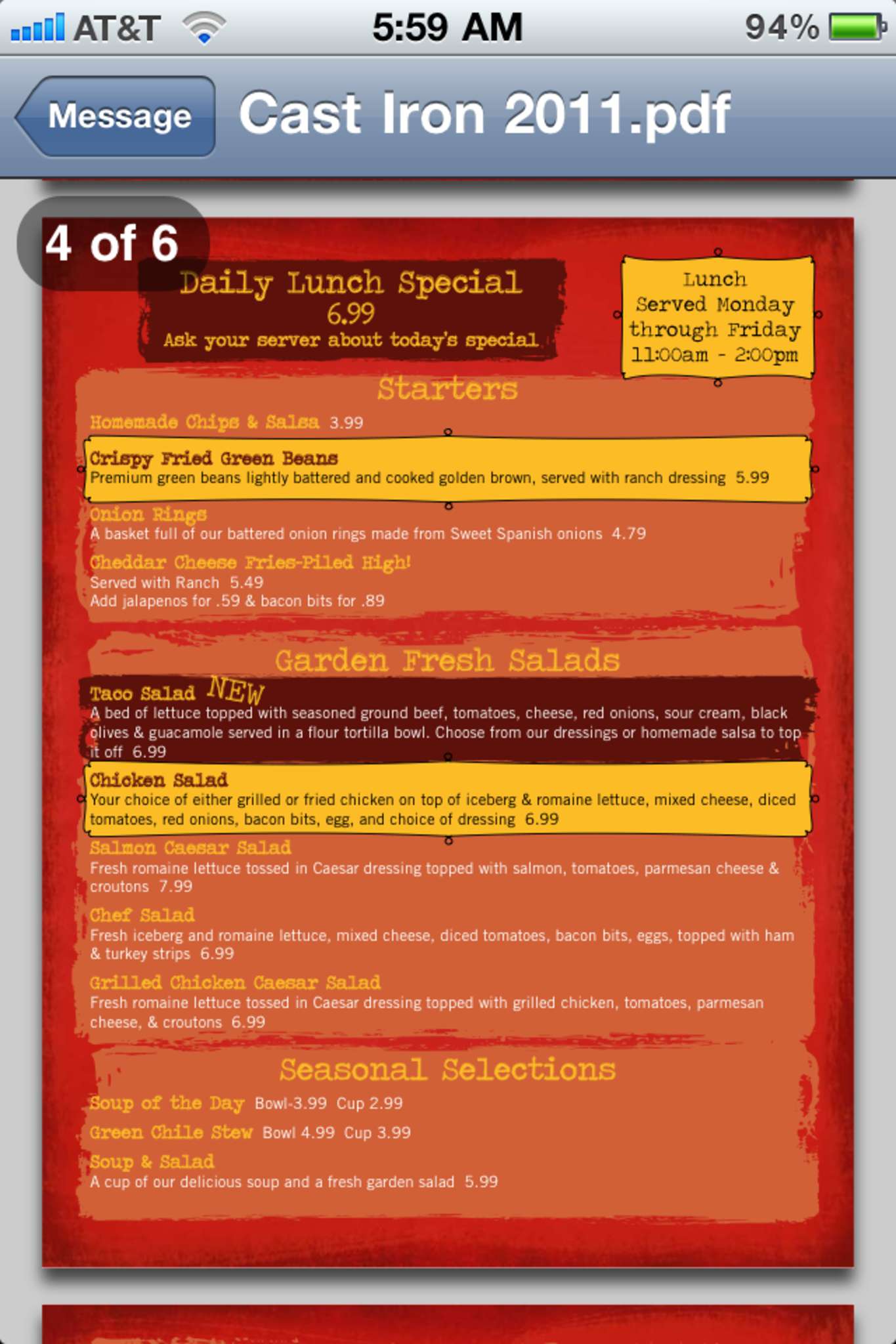 Menu at Cast Iron Grill restaurant, Lubbock, 620 19th St