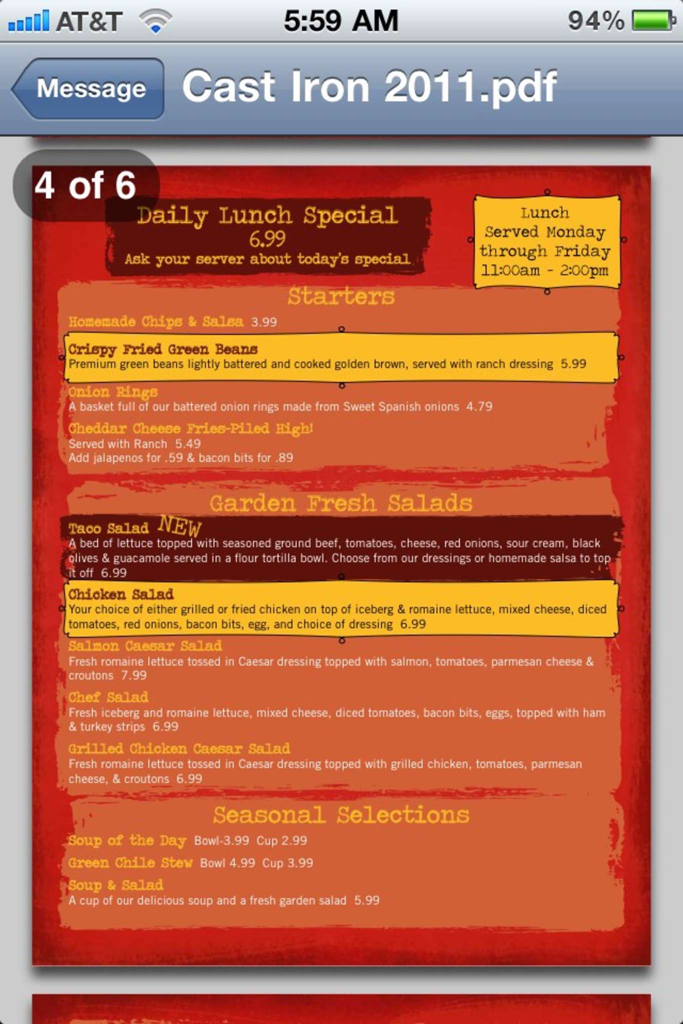 Menu at Cast Iron Grill restaurant, Lubbock, 620 19th St