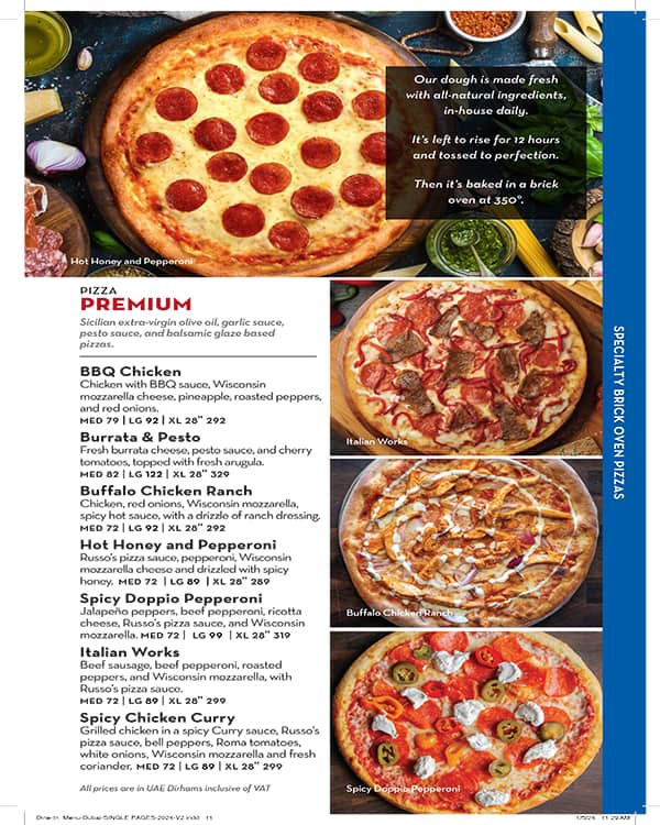 Russo's pizza menu sales