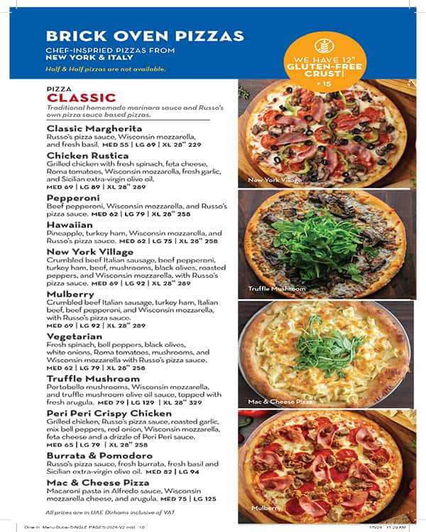 Menu of Russo s New York Pizzeria Emirates Hills Dubai