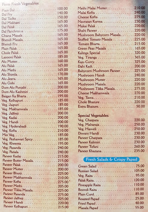 Kalinga Veg. Restaurant menu