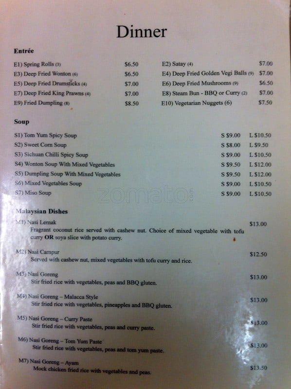 Menu at Aunty Mena Vegetarian restaurant, Wellington