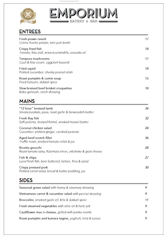 Menu at Emporium Eatery & Bar, Napier