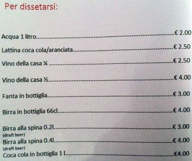 Menu di Pizza e Bira 