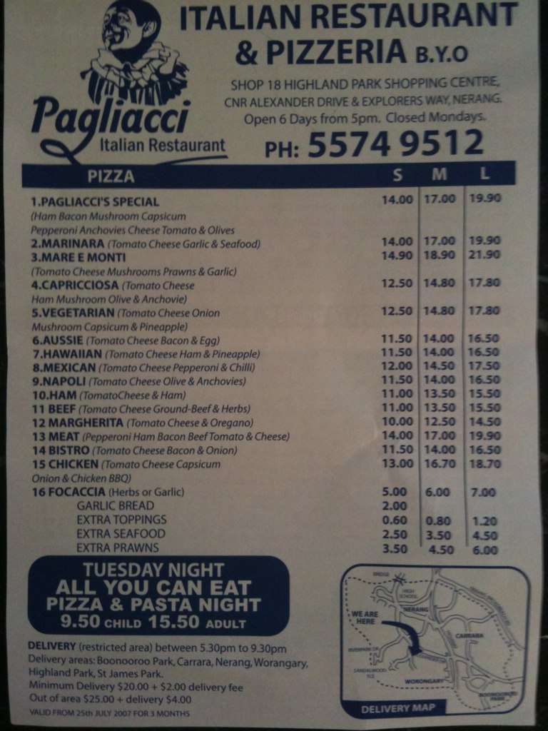 Menu at Pagliacci Italian Restaurant, Nerang, Highland Park Shopping Centre