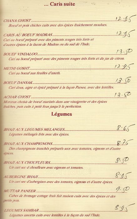 Menu de Sitar Indian Restaurant