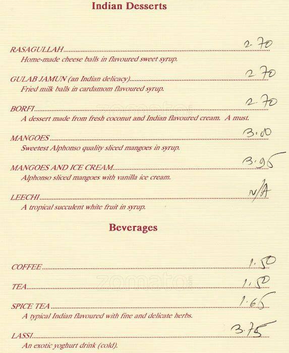 Menu at Sitar Indian Restaurant, Ottawa