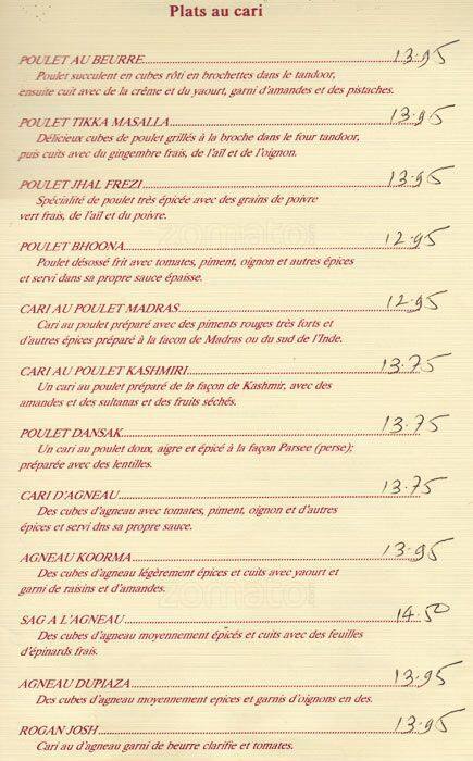 Menu de Sitar Indian Restaurant