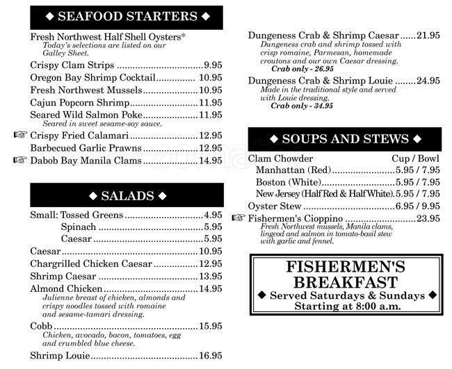 Menu at Chinook's At Salmon Bay restaurant, Seattle