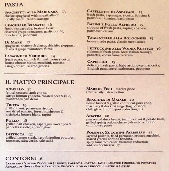 Menu at Zucca restaurant, Louisville