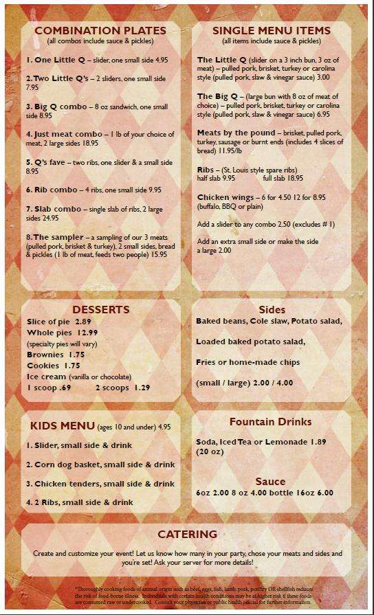 Q's 'Que BBQ Menu, Menu for Q's 'Que BBQ, Blue Springs, Kansas City