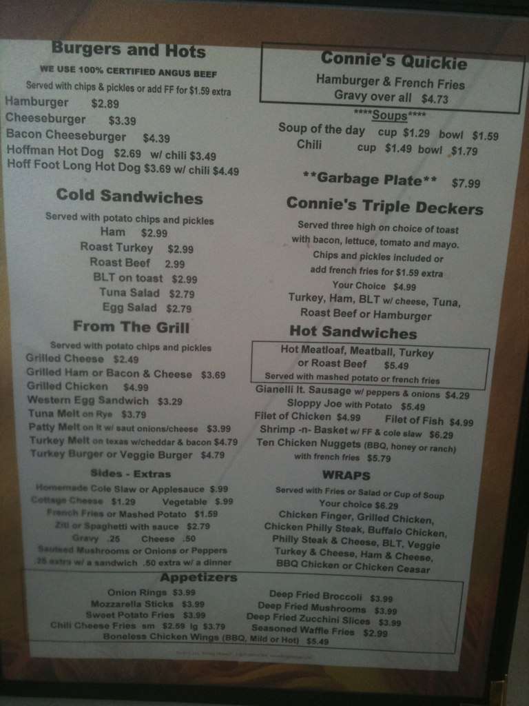 Menu at Connie's Diner cafe, Waterloo