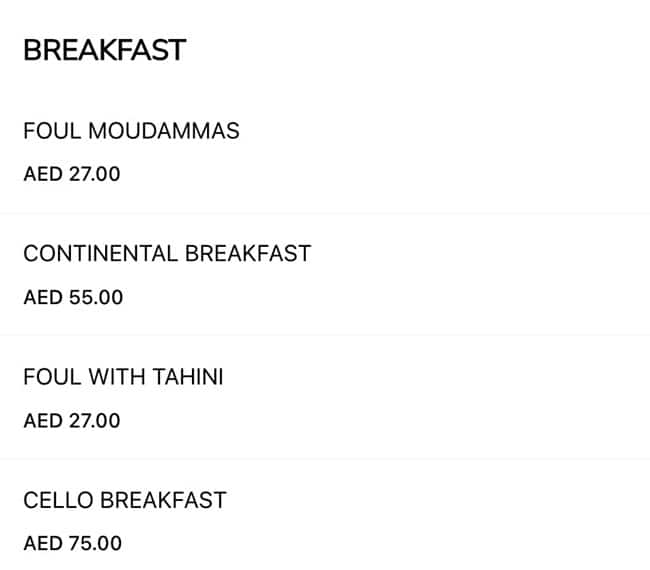 Menu of Cello Cafe & Restaurant, Trade Centre Area, Dubai