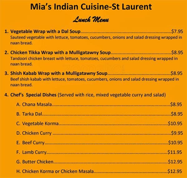 Mia's Indian Cuisine Menu Urbanspoon/Zomato