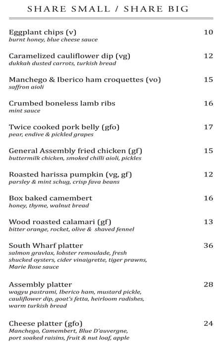 The General Assembly Menu, Menu for The General Assembly, South Wharf ...