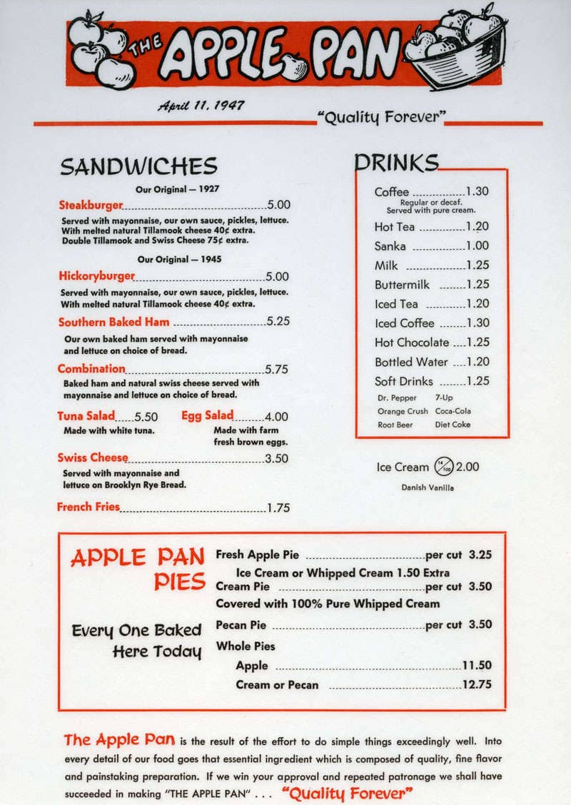 The Apple Pan Menu, Menu for The Apple Pan, West Los Angeles, Los ...