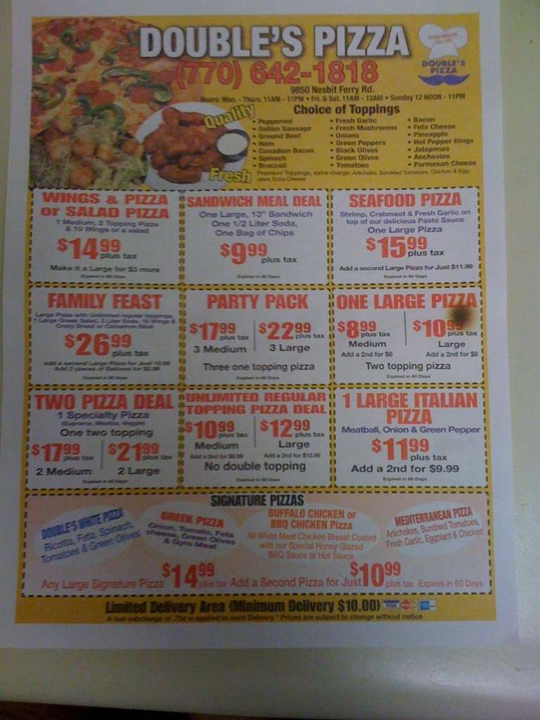 Double's Pizza Menu, Menu for Double's Pizza, Johns Creek, Atlanta
