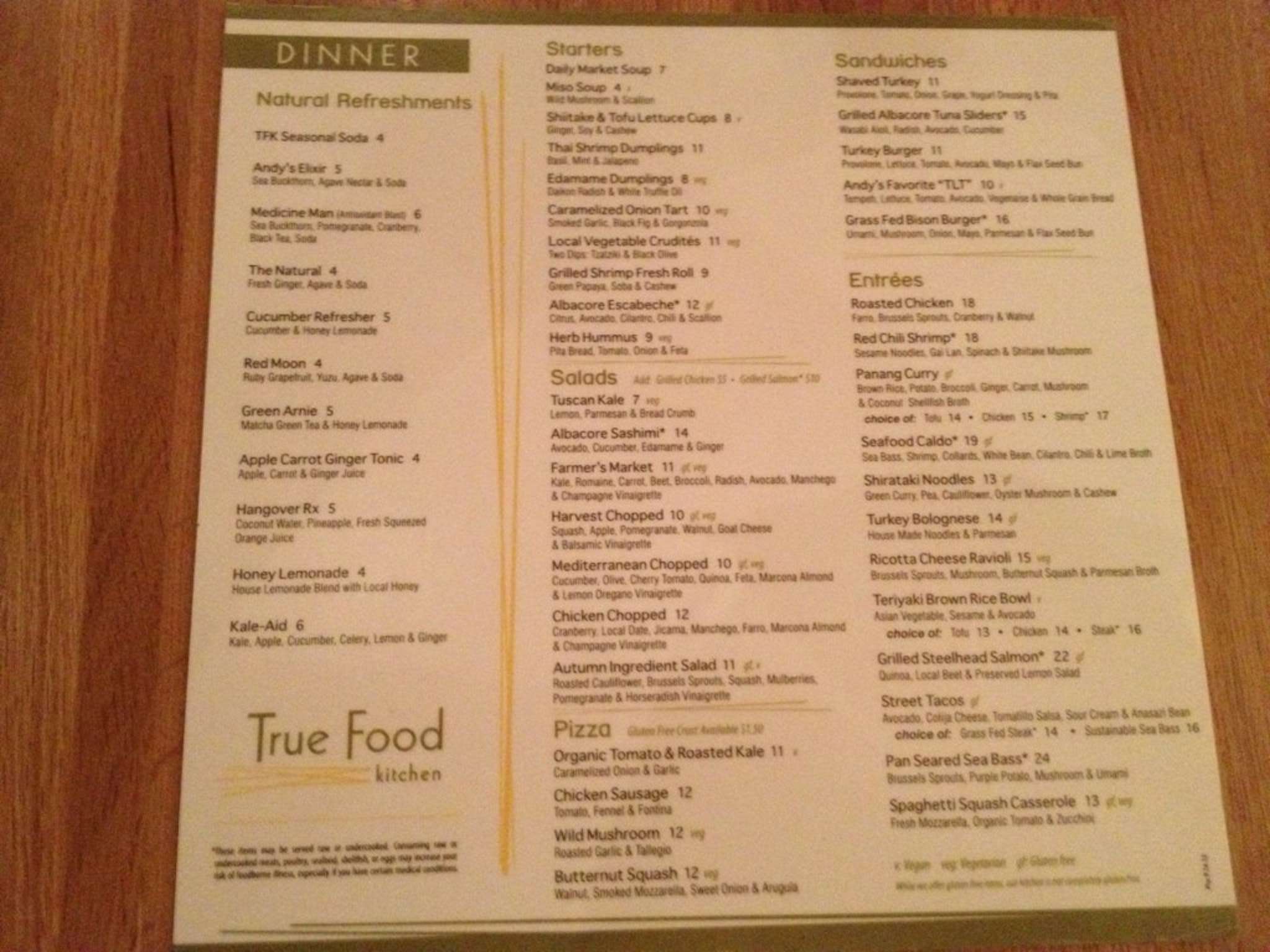 Menu At True Food Kitchen Resturant Restaurant Phoenix