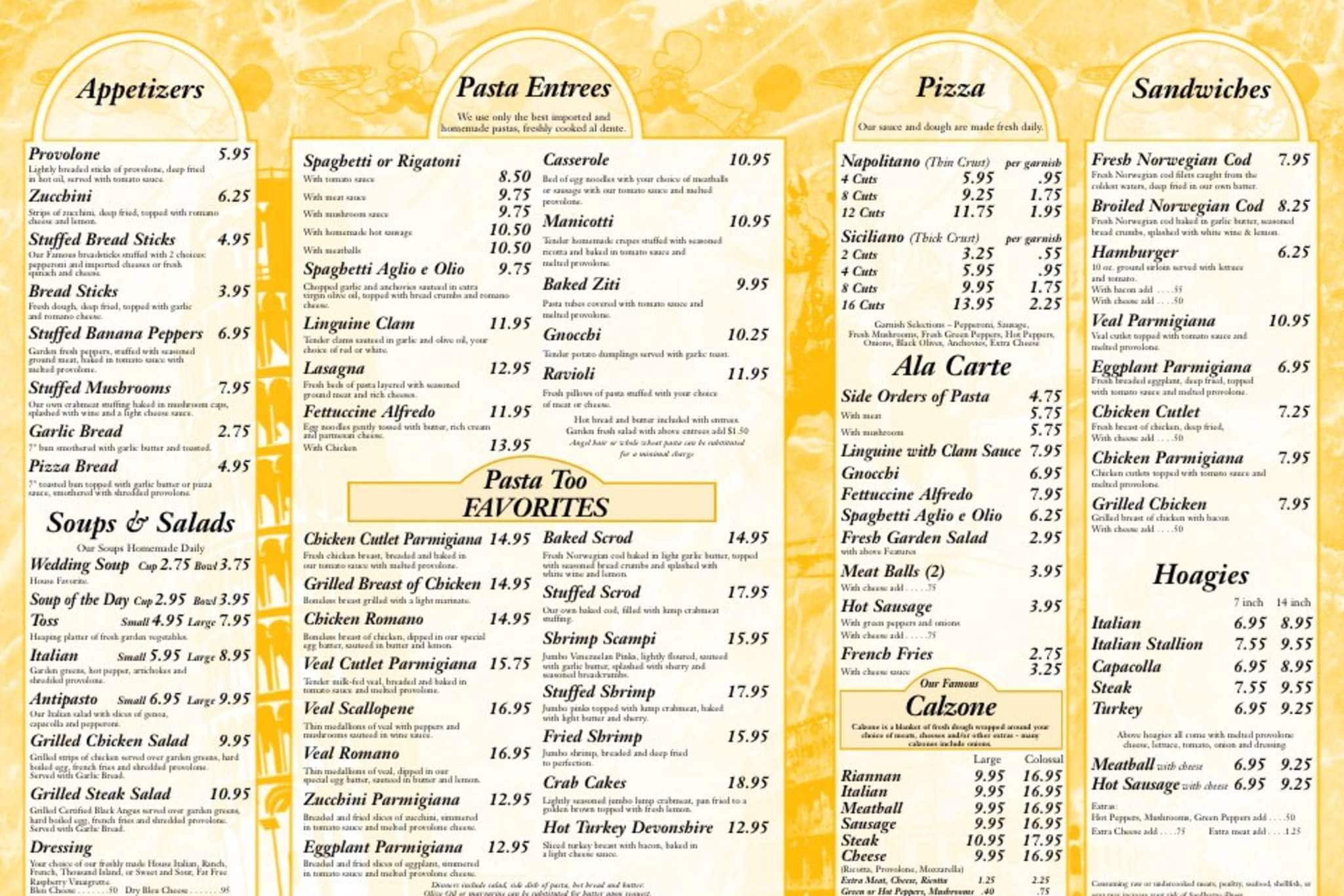 Menu at Pasta Too restaurant, Bethel Park, Library Rd