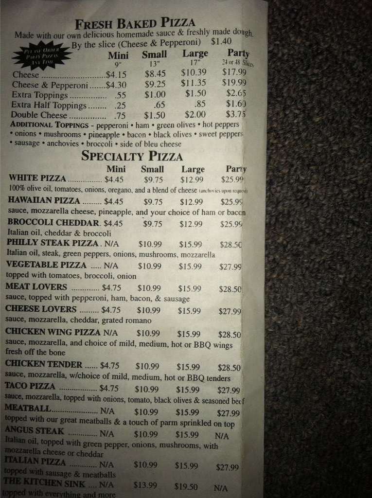 Menu at La Via pizzeria, Gowanda