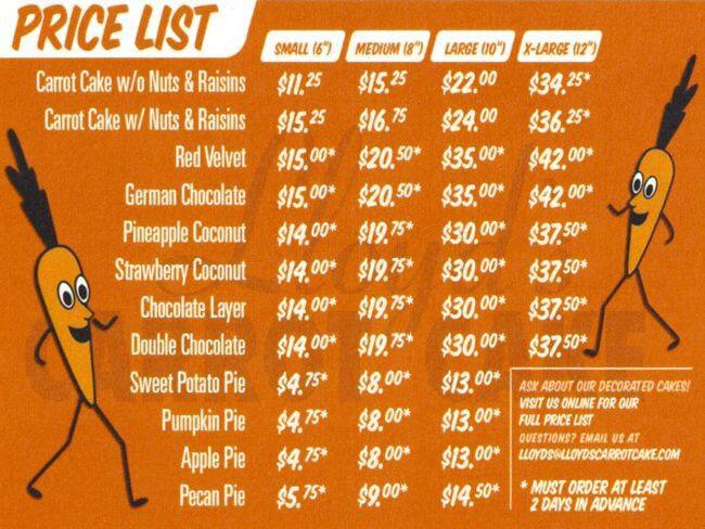 Lloyd�s Carrot Cake Menu, Menu for Lloyd�s Carrot Cake