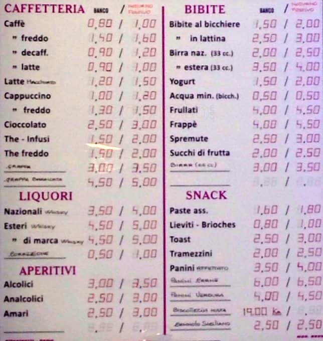 Bar Giano menu