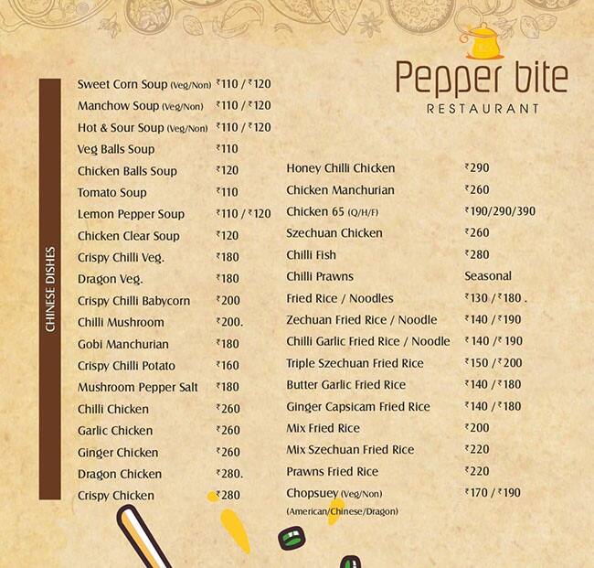 Menu of Pepper Bite Restaurant, Palarivattom, Kochi
