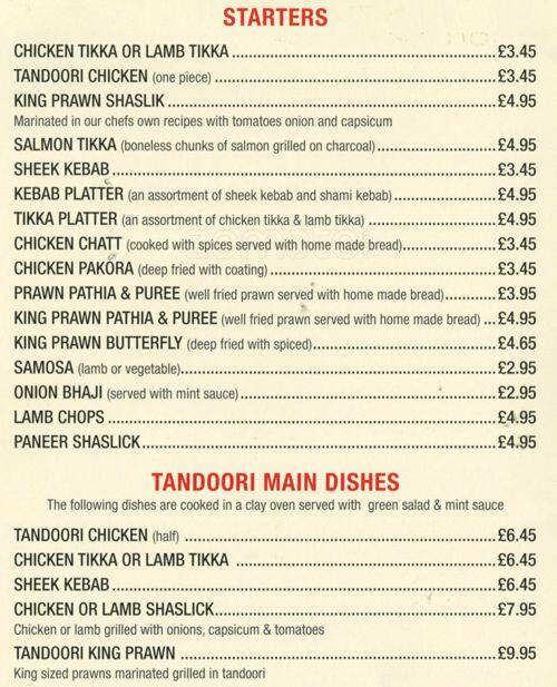 Menu at Bengal Brasserie restaurant, Teddington, 162 Stanley Rd