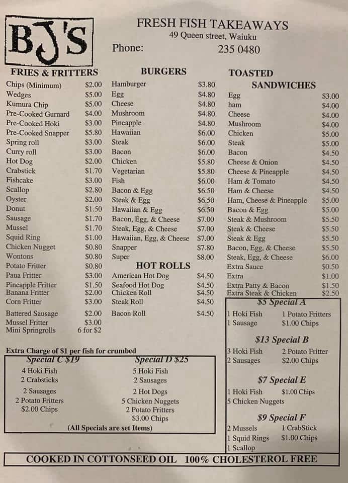 Menu at BJ's Fresh Fish Takeaways fast food, Auckland