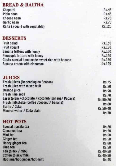 Menu at Gecko Café, Mahabalipuram