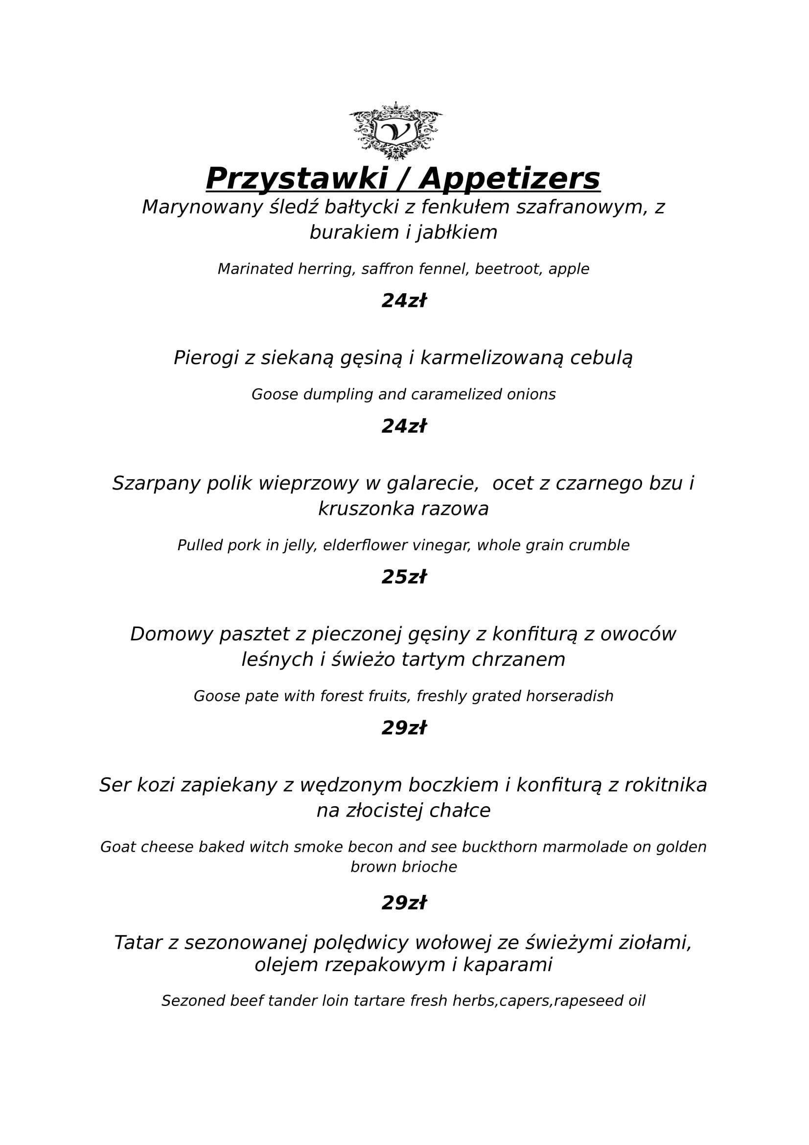 Menu at Restauracja Vivandier restaurant, Warsaw